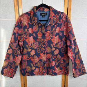 Womens Large Boho Retro Floral Tapestry Embroidered Button Up Jacket Blue Blazer